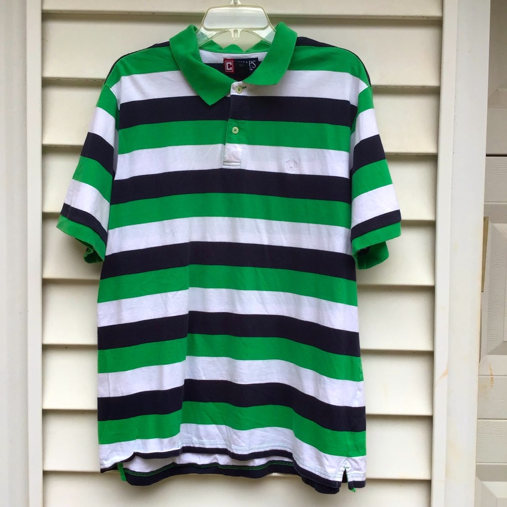 Chaps Shirt Mens XL Green White Blue Striped Polo Short Sleeve Preppy